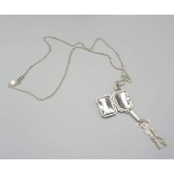 Chico's Silvertone Miracles Locket Crystal Jeweled Long 32" Rolo Chain Necklace - Picture 6 of 13